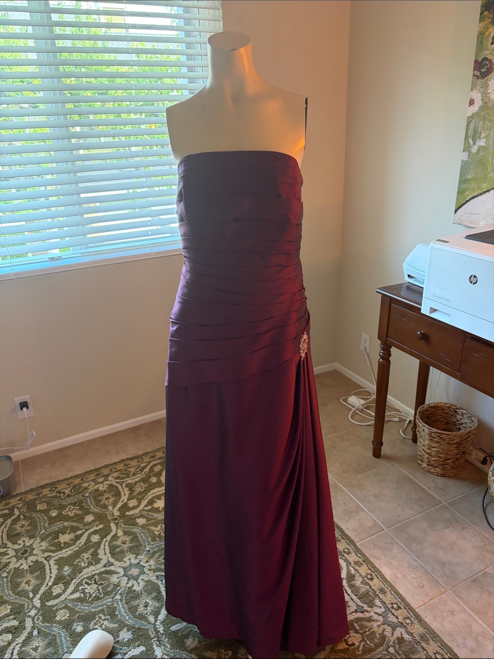 Strapless Burgundy Evening Gown with Side Draped Skirt